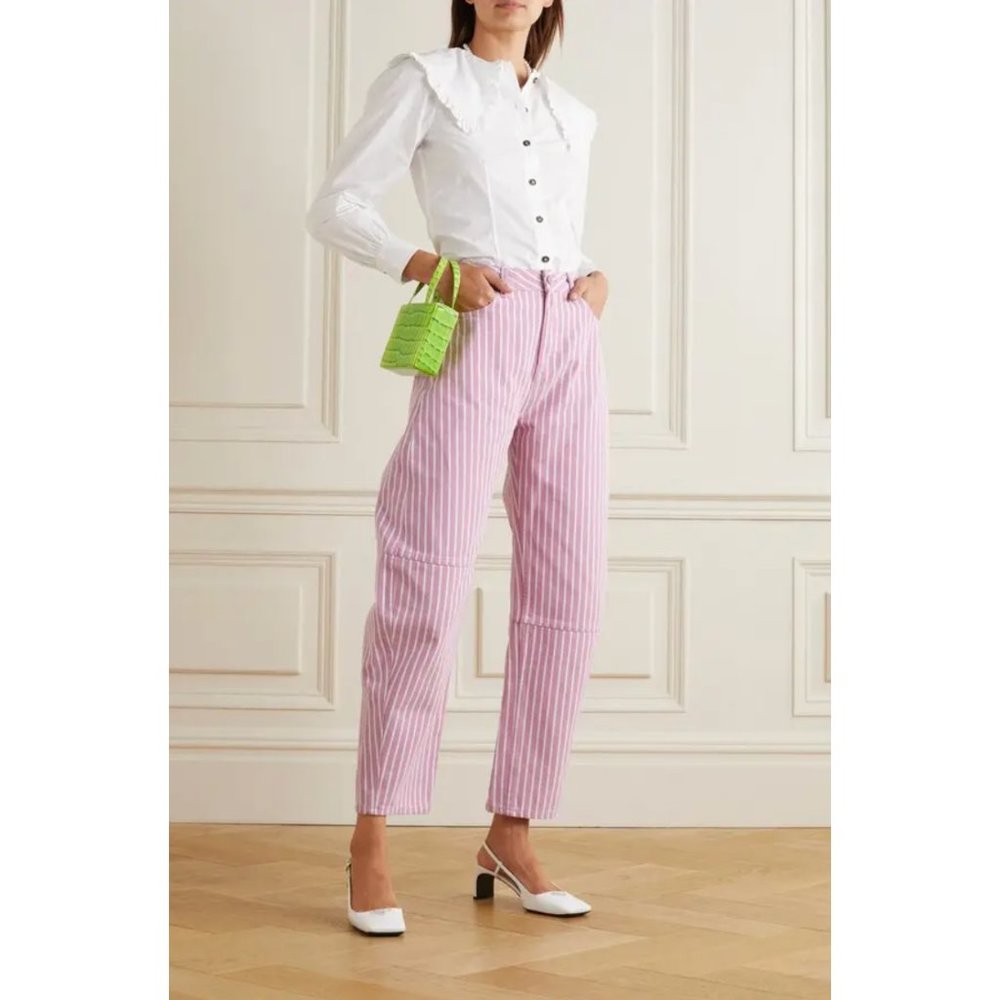GANNI Pink & White Striped Organic High-Rise Tapered Jeans